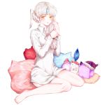  1girl blush bottomless braid chilling_hedgehog_(elsword) code:_empress_(elsword) cube dan_(astsr1) elsword eve_(elsword) facial_mark forehead_jewel pajamas pillow stuffed_animal stuffed_toy tying_hair 