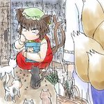  animal_ears brown_hair cat cat_ears cat_food cat_tail chen earrings fox_tail hat jewelry lowres multiple_girls multiple_tails satsuki_harunobu short_hair tail touhou yakumo_ran 