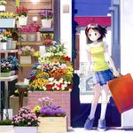  bag brown_eyes brown_hair city flower flower_shop highres holding kikuchi_yume kneehighs looking_to_the_side mahou_tsukai_ni_taisetsu_na_koto map miniskirt plaid plaid_skirt plant potted_plant scan shop short_hair skirt solo suitcase white_legwear yoshizuki_kumichi 