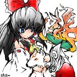  amaterasu animal bare_shoulders black_hair blue_eyes bow crossover detached_sleeves fire hair_bow hair_tubes hakurei_reimu long_hair multiple_girls ookami_(game) ph. touhou wolf 