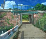  blue_sky canal chain-link_fence cloud day drainpipe fence flower grass no_humans original outdoors pippi_(pixiv_1922055) plant railing road scenery sign sky sunlight telephone_pole transformer tree water 