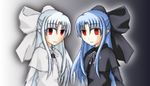  bad_anatomy blue_hair half_updo len melty_blood multiple_girls pointy_ears red_eyes tsukihime white_hair white_len 