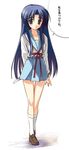  arikawa_satoru asakura_ryouko blue_eyes blue_hair blue_sailor_collar blue_skirt blush full_body kita_high_school_uniform kneehighs loafers long_hair long_sleeves looking_at_viewer sailor_collar school_uniform serafuku shoes sidelocks skirt solo standing suzumiya_haruhi_no_yuuutsu very_long_hair white_legwear 