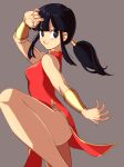  1girl absurdres alternate_color alternate_costume bangs black_eyes black_hair bracelet chi-chi_(dragon_ball) china_dress chinese_clothes clothes_lift dragon_ball dragon_ball_(classic) dress eyebrows_visible_through_hair feet_out_of_frame fingernails grey_background highres hpoono_(0159) jewelry leg_up long_hair looking_away outstretched_arms ponytail red_dress shaded_face simple_background sleeveless sleeveless_dress smile solo standing standing_on_one_leg thighs upper_body 