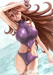  armpits blush breasts brown_hair dutch_angle gundam gundam_00 hamoto holding holding_eyewear large_breasts long_hair ocean one-piece_swimsuit one_eye_closed red_eyes shading_eyes solo sumeragi_lee_noriega sunglasses swimsuit wading water wet 