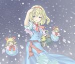  :d alice_margatroid blonde_hair blue_dress blue_eyes book capelet doll dress expressionless flying frills grimoire grimoire_of_alice holding holding_book lock looking_at_viewer matching_shanghai open_mouth puffy_short_sleeves puffy_sleeves satou_takeshi short_sleeves smile snow solo standing touhou wind 