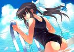  ass black_school_swimsuit chain-link_fence cloud copyright_request day dutch_angle fence from_behind hair_ribbon jpeg_artifacts long_hair looking_back matsumoto_noriyuki one-piece_swimsuit parted_lips ponytail pool pool_ladder poolside ribbon school_swimsuit solo swimsuit wet 
