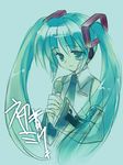  aqua_hair blue collared_shirt detached_sleeves grey_shirt hair_ornament hatsune_miku headphones holding interlocked_fingers long_hair looking_down microphone necktie rei_(rei's_room) shirt simple_background sketch solo twintails upper_body vocaloid 