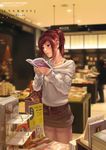  book krenz lips miniskirt original pencil_skirt reading red_eyes red_hair shop skirt solo standing 