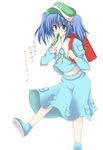  backpack bag blue_dress blue_eyes blue_hair blush dress flat_cap hair_bobbles hair_ornament hat kawashiro_nitori long_sleeves looking_at_viewer mosu_(korikan) pocket simple_background solo text_focus touhou two_side_up white_background 
