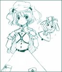  aqua chibi front_ponytail kagiyama_hina kawashiro_nitori monochrome multiple_girls takaharu touhou two_side_up 