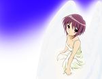  alternate_costume angel_wings arm_support artist_request bangs breasts brown_eyes cleavage downblouse dress eyebrows_visible_through_hair from_above gradient gradient_background looking_at_viewer nagato_yuki purple_hair short_hair sitting sleeveless sleeveless_dress small_breasts solo sundress suzumiya_haruhi_no_yuuutsu upper_body white_dress white_wings wings 