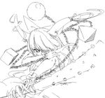  chain covered_mouth cuffs fighting_stance greyscale holding holding_weapon horns ibuki_suika looking_at_viewer monochrome oekaki one_eye_covered oni reverse_grip sakuraba_yuuki shackles simple_background solo touhou upper_body weapon white_background 