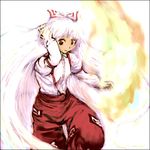  arm_up fire flame fujiwara_no_mokou hand_in_hair kinosaki long_sleeves looking_at_viewer lowres ofuda pants simple_background solo suspenders thigh_gap touhou white_background 