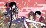  1girl bangs bell black_hair blunt_bangs cage clamp egasumi fan glasses hime_cut ichihara_yuuko japanese_clothes kimono official_art paper_fan uchiwa watanuki_kimihiro xxxholic 