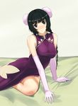  bangs bare_shoulders black_eyes black_hair blunt_bangs bun_cover china_dress chinese_clothes double_bun dress elbow_gloves gloves gundam gundam_00 looking_at_viewer purple_dress roony short_hair sitting solo wang_liu_mei white_gloves yokozuwari 