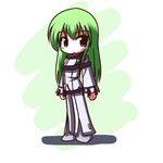  :o bangs bodysuit c.c. chibi code_geass fictional_sister full_body green_hair long_hair long_sleeves partially_translated red_eyes robe solo standing translation_request very_long_hair white_bodysuit 
