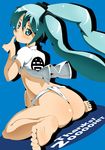  aqua_hair ass barefoot blue_background blush feet fundoshi hatsune_miku japanese_clothes long_hair looking_back sitting soles solo thumb_sucking toudori twintails vocaloid wariza yamakasa 