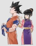  1boy 1girl :d =3 adjusting_clothes arm_at_side bangs black_eyes black_hair chi-chi_(dragon_ball) chinese_clothes clenched_hand couple dougi dragon_ball dragonball_z eyelashes grey_background hand_on_another&#039;s_back hand_on_hip happy height_difference hetero highres hpoono_(0159) long_sleeves looking_at_another open_mouth profile simple_background smile son_gokuu spiked_hair standing tied_hair upper_body wristband 