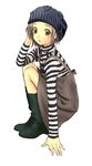  boots casual copyright_request dress hands hat kichiroku short_hair solo striped 