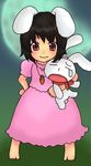  animal animal_ears aoi_tobira barefoot black_hair bunny bunny_ears carrot_necklace crossover full_body full_moon holding inaba_tewi legs_apart looking_at_viewer mesousa moon pani_poni_dash! puffy_short_sleeves puffy_sleeves red_eyes short_sleeves solo standing touhou 