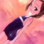  beach black_eyes blush brown_hair copyright_request dutch_angle fang flat_chest looking_back one-piece_swimsuit sasahara_yuuki smile solo sunset swimsuit twintails 