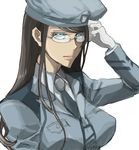  adjusting_eyewear akarino7 areolae arm_up beret collared_shirt glasses gloves gundam gundam_00 hat kati_mannequin large_areolae long_sleeves looking_at_viewer looking_back mole mole_under_mouth necktie shirt simple_background solo white_background white_gloves white_shirt 