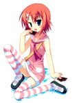  blue_eyes card fang full_body hair_ornament lying_card meito_(maze) miyoshi_yuiko natsuzora_kanata orange_hair pink short_hair solo striped striped_legwear thighhighs yuu-gi-ou zettai_ryouiki 