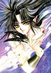  ashura black_hair clamp feathers highres jewelry male_focus necklace pointy_ears rg_veda scan solo yellow_eyes 