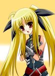  :o bad_id bad_pixiv_id bare_shoulders belt black_dress blonde_hair buckle dress fate_testarossa gauntlets long_hair looking_at_viewer lyrical_nanoha mahou_shoujo_lyrical_nanoha mahou_shoujo_lyrical_nanoha_a's natsuzakura_yuuki open_mouth red_eyes sidelocks simple_background solo yellow_background 