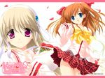  blonde_hair blue_eyes bouquet bow braid clarissa_satsuki_maezono flower hair_ribbon highres honeycoming_royalsweet kamijou_asahi long_hair matsushita_makako multiple_girls orange_hair petals pink_eyes plaid plaid_skirt rakko_(makarakko) ribbon school_uniform side_braid skirt smile wallpaper wind 