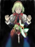  :d alice_margatroid blonde_hair blue_dress bow bowtie capelet closed_eyes doll dress fairy_wings gaia long_sleeves open_mouth puppet red_bow red_dress red_neckwear shanghai_doll short_hair smile solo touhou wings 