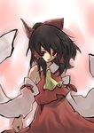  black_hair bow collar detached_sleeves dress evil_smile hair_bow hakurei_reimu japanese_clothes long_sleeves looking_at_viewer ploki red_bow red_dress red_eyes red_ribbon ribbon shaded_face short_hair smile solo standing touhou 