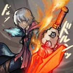  blue_eyes devil_bringer devil_may_cry devil_may_cry_4 fire grin headphones male_focus meme50 nero_(devil_may_cry) red_queen_(sword) silver_hair smile solo sword weapon white_hair 