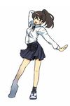  arm_up blue_skirt collared_shirt contrapposto copyright_request full_body long_sleeves looking_back michael ponytail pose school_uniform shirt shoes simple_background skirt sneakers solo standing white_background white_shirt 