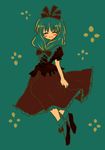  :d ^_^ ^o^ bad_id bad_pixiv_id bow closed_eyes dress front_ponytail green_background green_hair hair_bow kagiyama_hina niji_(nijioki) open_mouth puffy_short_sleeves puffy_sleeves red_bow red_dress short_hair short_sleeves simple_background smile solo touhou 