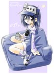  blue_hair character_name controller game_console game_controller gamecube gamecube-tan hat nintendo overall_shorts overalls pillow playing_games rascal sitting solo video_game 