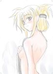  arched_back artist_request bare_shoulders blonde_hair blush breasts covering covering_breasts eyebrows eyebrows_visible_through_hair fate_testarossa folded_ponytail highres lyrical_nanoha mahou_shoujo_lyrical_nanoha mahou_shoujo_lyrical_nanoha_a's mahou_shoujo_lyrical_nanoha_strikers sideboob sidelocks simple_background small_breasts solo upper_body white_background 