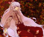  bangs bow egawa_satsuki fujiwara_no_mokou hair_bow long_hair pants red_eyes solo suspenders touhou white_hair 