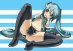  areolae blue_eyes blue_hair hatsune_miku long_hair necktie no_bra no_panties open_clothes skirt solo spread_legs thighhighs toudori twintails very_long_hair vocaloid 