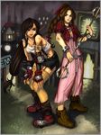  aerith_gainsborough bad_deviantart_id bad_id bandaid black_hair brown_hair cropped_jacket dress drill_hair final_fantasy final_fantasy_vii green_eyes highres jacket lips long_dress long_hair low-tied_long_hair materia multiple_girls ninanai pink_dress tifa_lockhart torn_clothes 