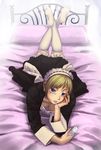  bad_id bad_pixiv_id blonde_hair blue_eyes cigarette feet kawa_akira legs lying maid original socks solo thighhighs 