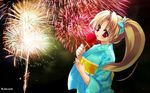  aerial_fireworks candy_apple dlsite.com fireworks food highres japanese_clothes kimono malino_(dream_maker) premium-chan wallpaper yukata 