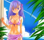  bikini blue_sky cloud day fate/stay_night fate_(series) horizon long_hair looking_at_viewer matou_sakura mofmof_(sousa) navel no_pupils pink_bikini purple_eyes purple_hair purple_sarong sarong sky smile solo swimsuit water 