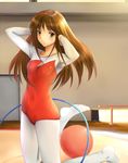  adjusting_hair balance_beam ball brown_eyes brown_hair copyright_request feet gym gymnast_leotard gymnastics hoop kneeling leotard navel pantyhose red_leotard rhythmic_gymnastics solo yuki_usagi_(mofurafu) 