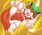  animal_ears barefoot blush brown_hair cat_ears cat_tail chen des earrings fang feet foot_tickling fox_tail jewelry multiple_tails open_mouth solo_focus tail tears tickle_torture tickling touhou yakumo_ran 