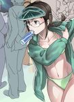  akizuki_ritsuko bikini blue_eyes braid brown_hair collarbone crowd dressing glasses green_bikini idolmaster idolmaster_(classic) idolmaster_1 inu_(aerodog) jacket long_sleeves midriff mouth_hold navel open_clothes open_jacket rimless_eyewear short_hair silhouette solo_focus standing stomach swimsuit twin_braids visor_cap 