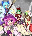  animal_ears band bass_guitar blue_eyes blue_hair blush bow brown_hair cat_ears chen cirno drumsticks fang fox_mask frills front_ponytail green_eyes green_hair guitar hair_bow hair_ornament hair_ribbon hat holding instrument kagiyama_hina long_hair long_sleeves looking_at_viewer mask microphone multiple_girls mystia_lorelei open_mouth pink_eyes pink_hair ribbon short_hair smile stage_connection teeth touhou wings yin_yang 