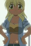  blonde_hair blush breasts hands_on_hips hidamari_sketch long_hair miyako navel open_clothes screencap sleeves_rolled_up small_breasts smile solo stitched tan third-party_edit 