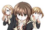  blonde_hair braid brown_hair finger_to_mouth fukuzawa_yumi long_hair maria-sama_ga_miteru multiple_girls sasaki_akira_(ugc) school_uniform serafuku shimazu_yoshino short_hair simple_background smile toudou_shimako twin_braids twintails 